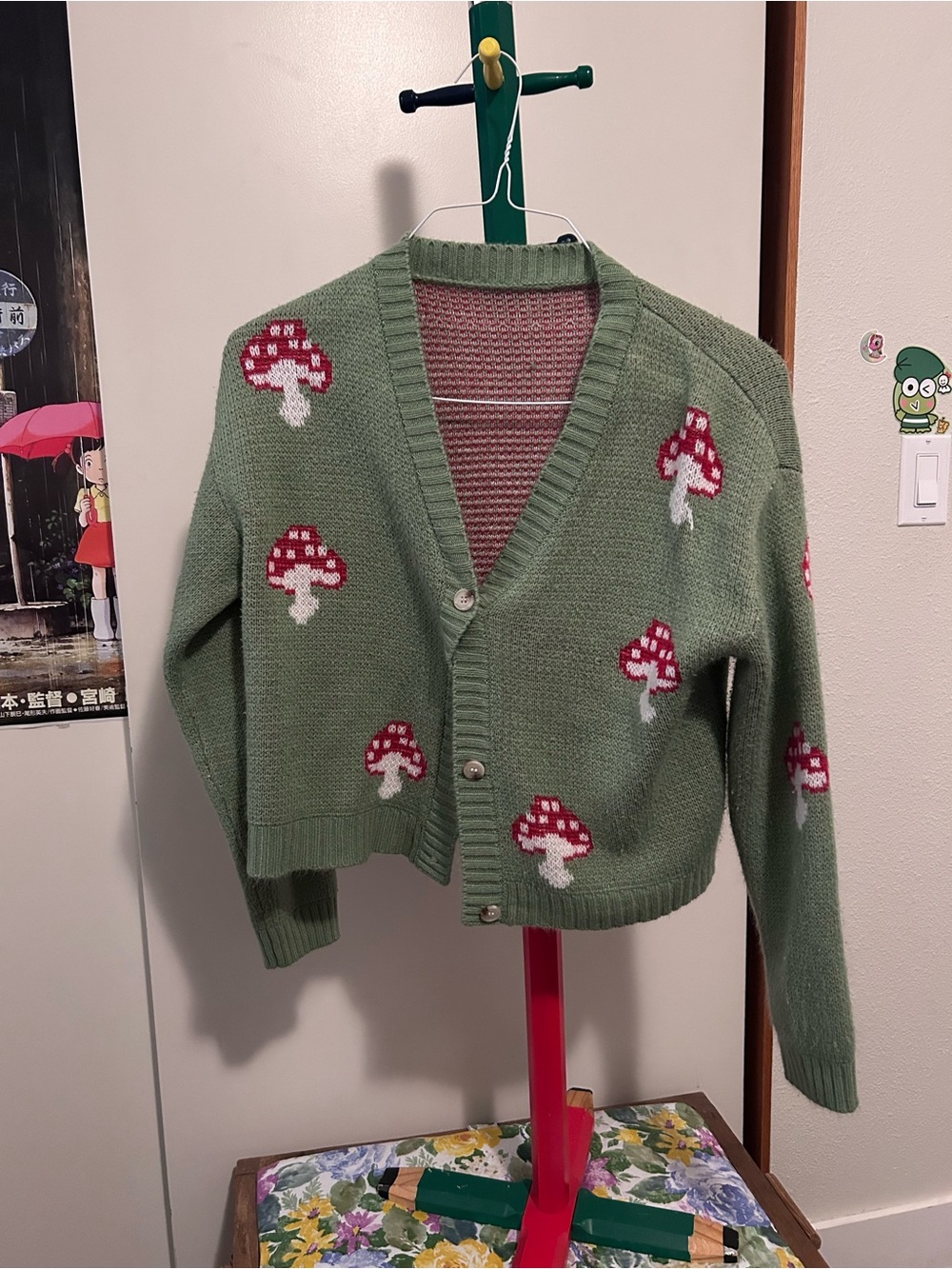 Green Mushroom Knit Button-Front Cardigan cottagecore - Picture 2 of 5